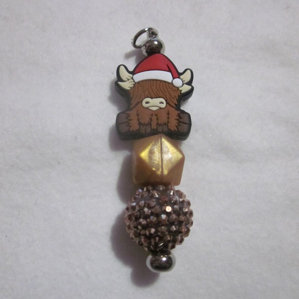 Brown Highland Cow w/ Santa Hat Keychain | Bag Charm.
